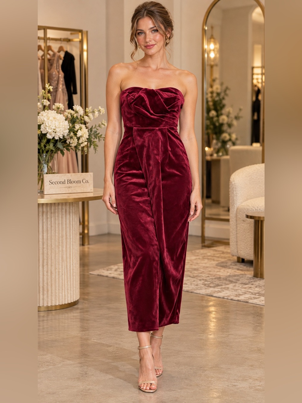 Express Burgundy Velvet Strapless Midi Dress XS | Ruched Draped Formal Dress